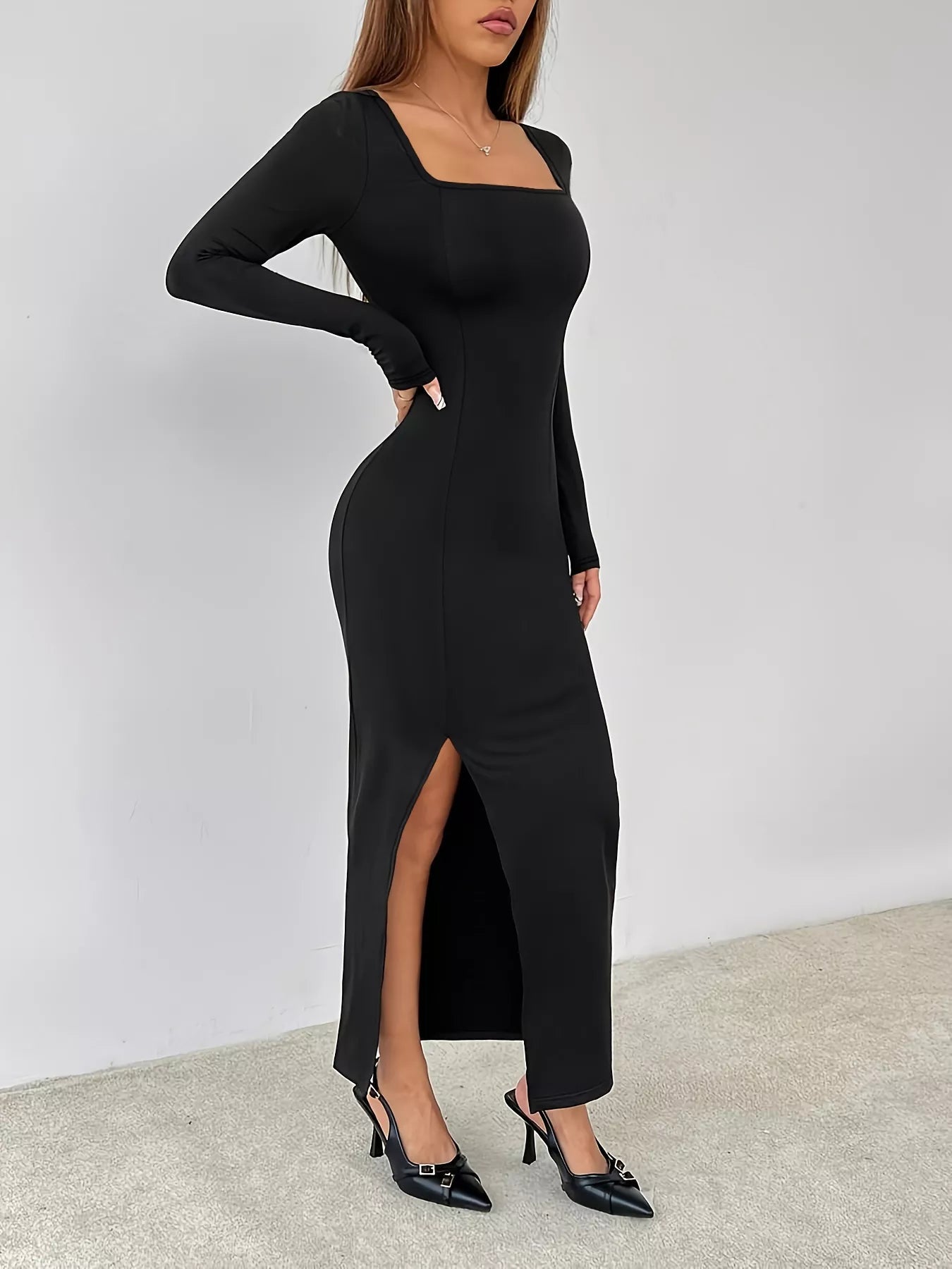 Square Neck Long Sleeve Slit Bodycon Maxi Dress - FLORENTINE IRIS