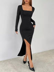 Square Neck Long Sleeve Slit Bodycon Maxi Dress - FLORENTINE IRIS