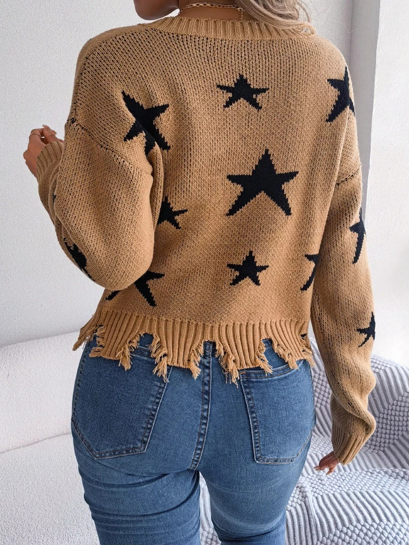 Star Pattern V - Neck Distressed Sweater - FLORENTINE IRIS