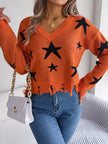 Star Pattern V - Neck Distressed Sweater - FLORENTINE IRIS