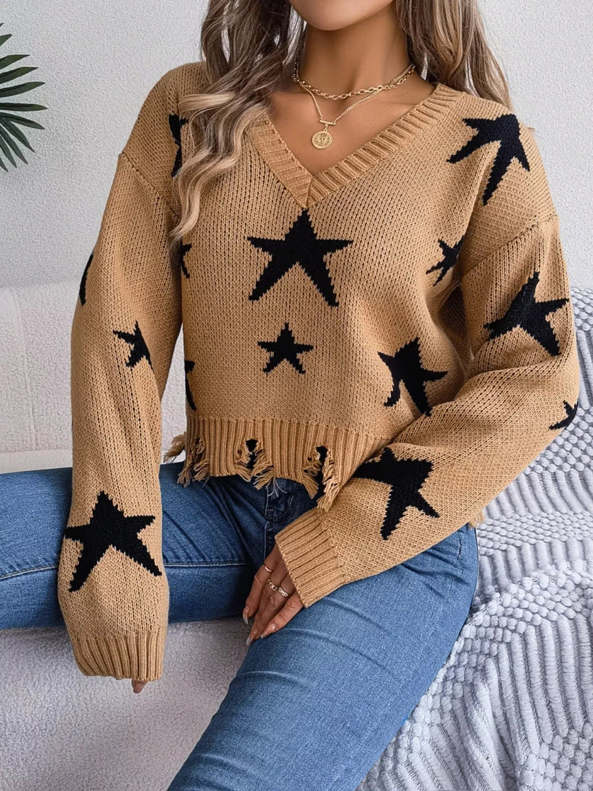 Star Pattern V - Neck Distressed Sweater - FLORENTINE IRIS