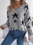 Star Pattern V - Neck Distressed Sweater - FLORENTINE IRIS