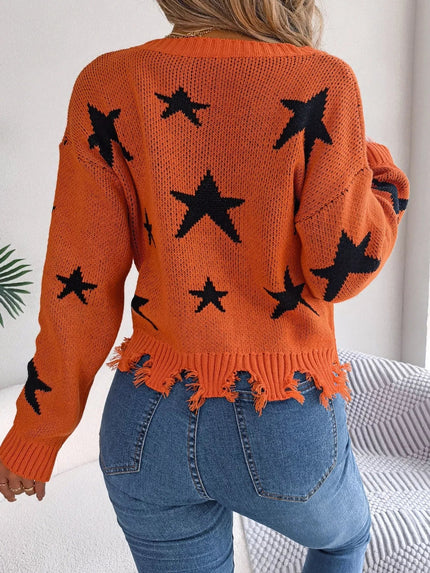 Star Pattern V - Neck Distressed Sweater - FLORENTINE IRIS