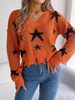 Star Pattern V - Neck Distressed Sweater - FLORENTINE IRIS
