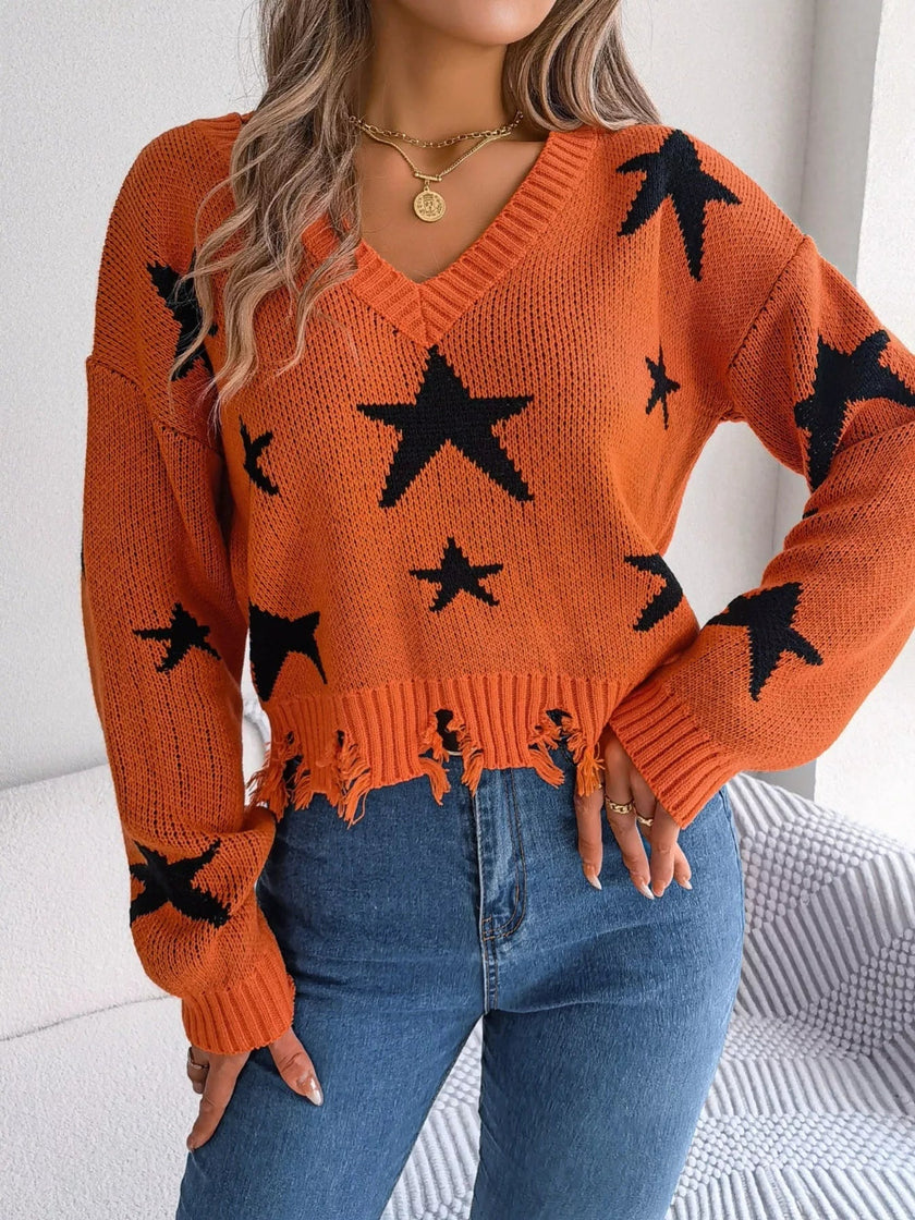 Star Pattern V - Neck Distressed Sweater - FLORENTINE IRIS