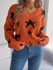 Star Pattern V - Neck Distressed Sweater - FLORENTINE IRIS