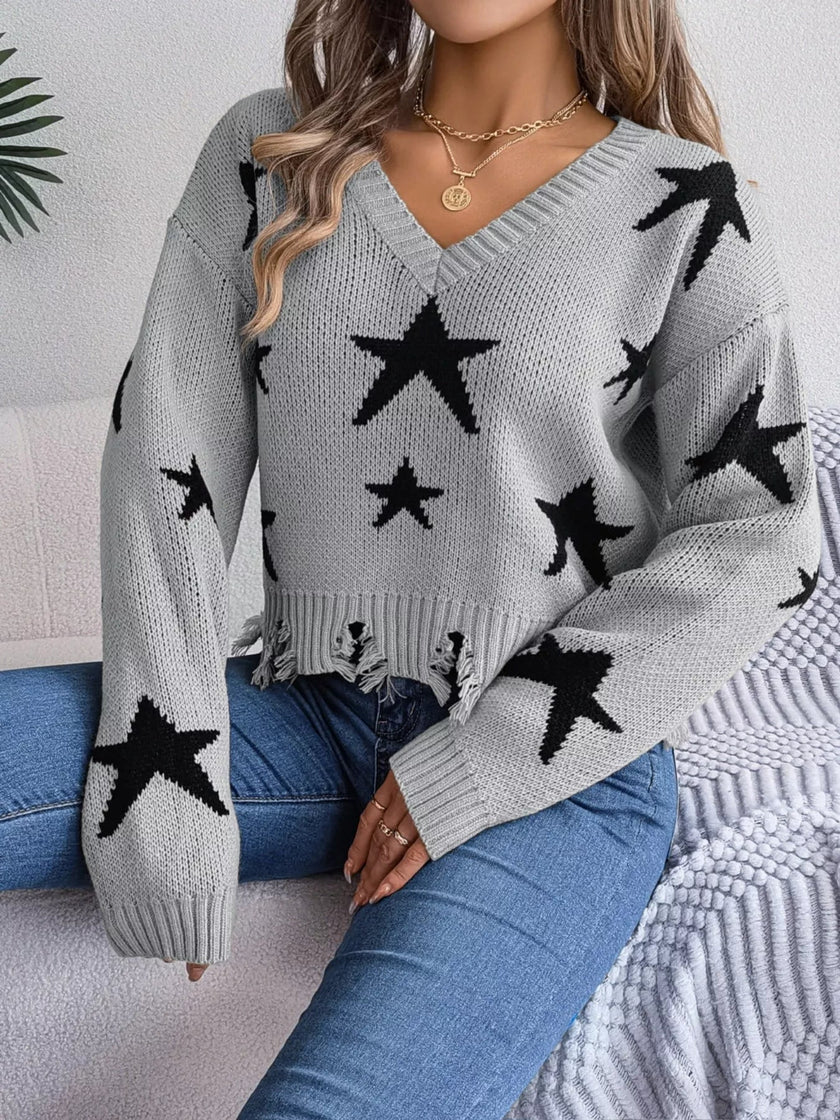 Star Pattern V - Neck Distressed Sweater - FLORENTINE IRIS