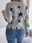 Star Pattern V - Neck Distressed Sweater - FLORENTINE IRIS