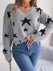 Star Pattern V - Neck Distressed Sweater - FLORENTINE IRIS