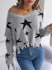 Star Pattern V - Neck Distressed Sweater - FLORENTINE IRIS