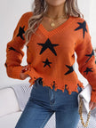 Star Pattern V - Neck Distressed Sweater - FLORENTINE IRIS