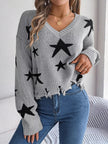 Star Pattern V - Neck Distressed Sweater - FLORENTINE IRIS