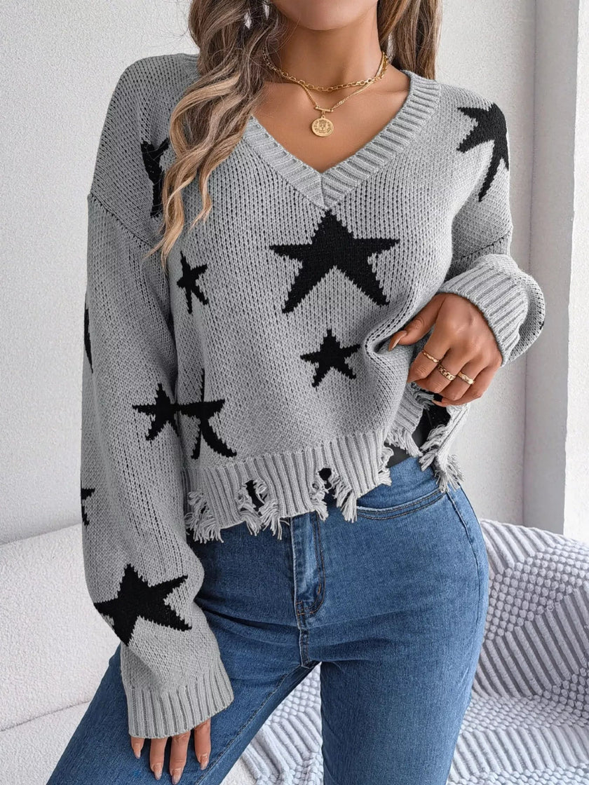 Star Pattern V - Neck Distressed Sweater - FLORENTINE IRIS