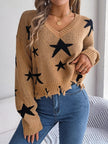 Star Pattern V - Neck Distressed Sweater - FLORENTINE IRIS