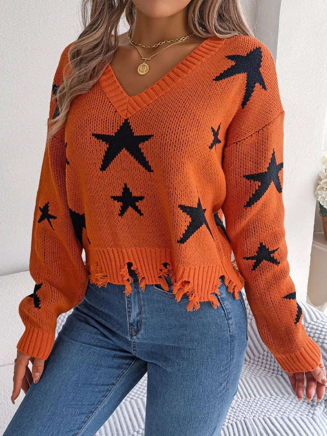 Star Pattern V - Neck Distressed Sweater - FLORENTINE IRIS