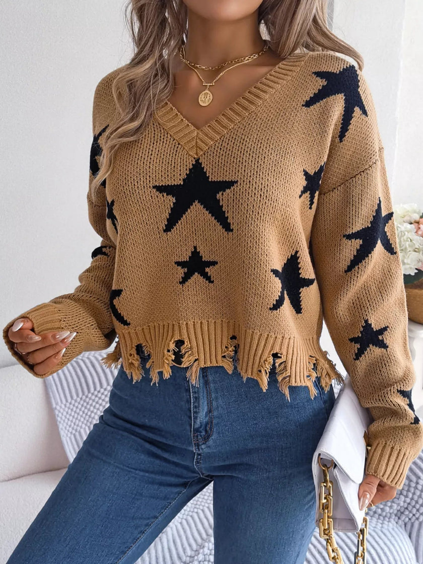 Star Pattern V - Neck Distressed Sweater - FLORENTINE IRIS