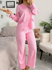 Stripe Buttoned Front Long Sleeve Top and Pants 2 Piece Sleepwear - FLORENTINE IRIS