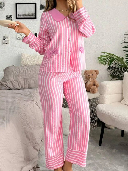 Stripe Buttoned Front Long Sleeve Top and Pants 2 Piece Sleepwear - FLORENTINE IRIS