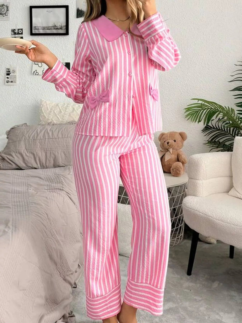 Stripe Buttoned Front Long Sleeve Top and Pants 2 Piece Sleepwear - FLORENTINE IRIS