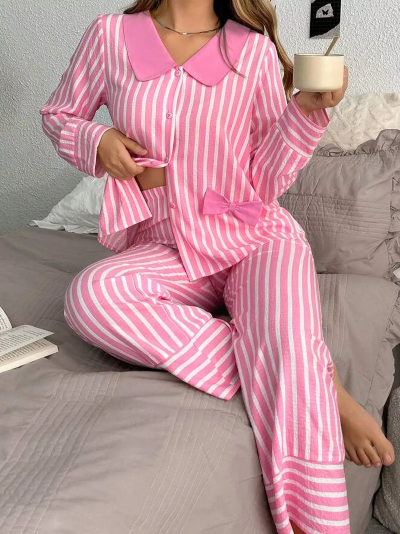 Stripe Buttoned Front Long Sleeve Top and Pants 2 Piece Sleepwear - FLORENTINE IRIS
