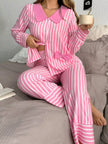 Stripe Buttoned Front Long Sleeve Top and Pants 2 Piece Sleepwear - FLORENTINE IRIS