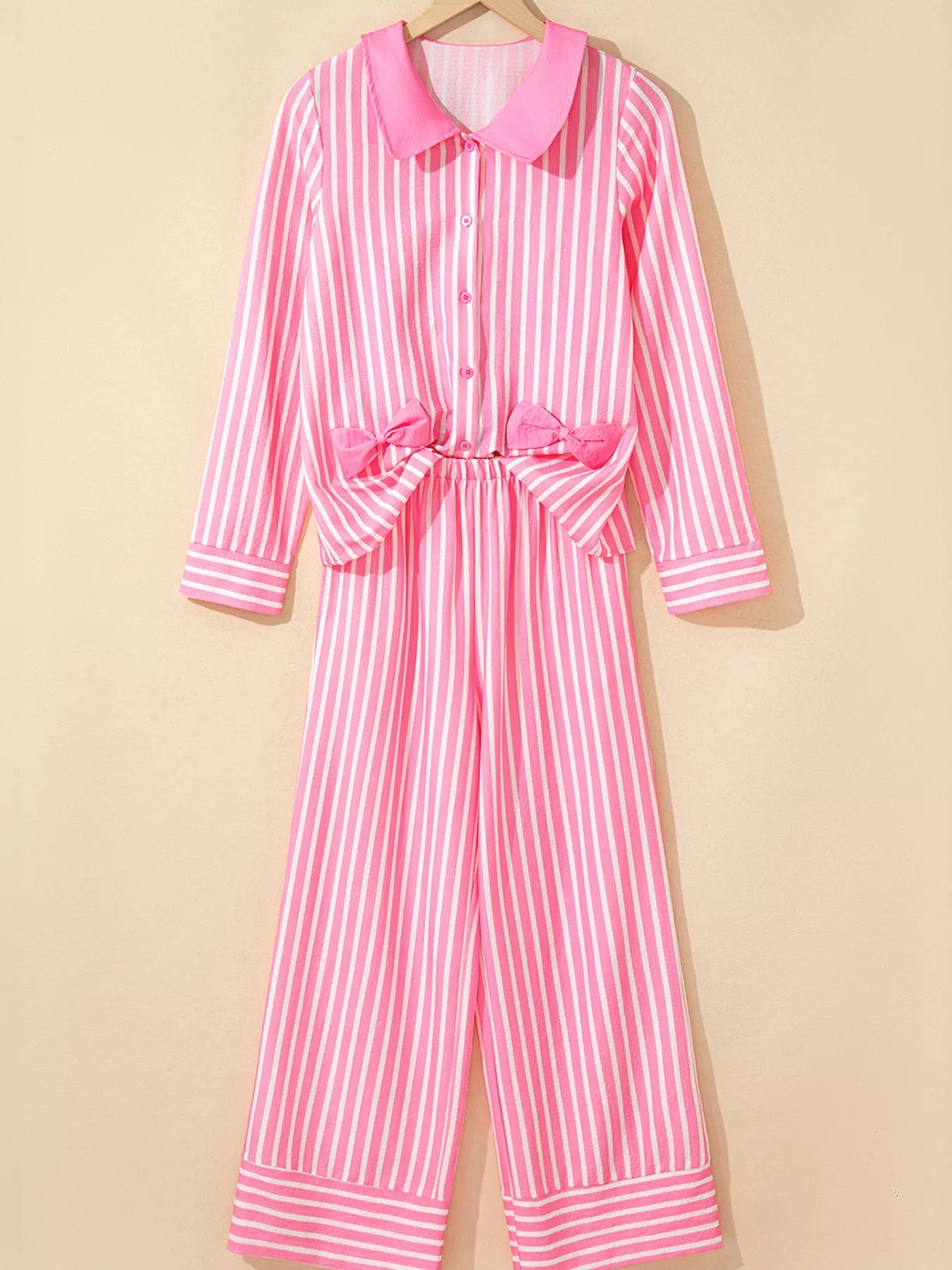 Stripe Buttoned Front Long Sleeve Top and Pants 2 Piece Sleepwear - FLORENTINE IRIS