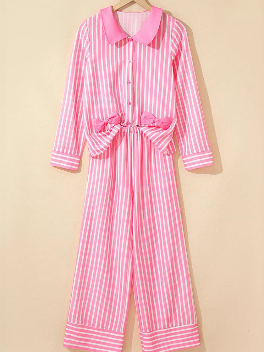 Stripe Buttoned Front Long Sleeve Top and Pants 2 Piece Sleepwear - FLORENTINE IRIS