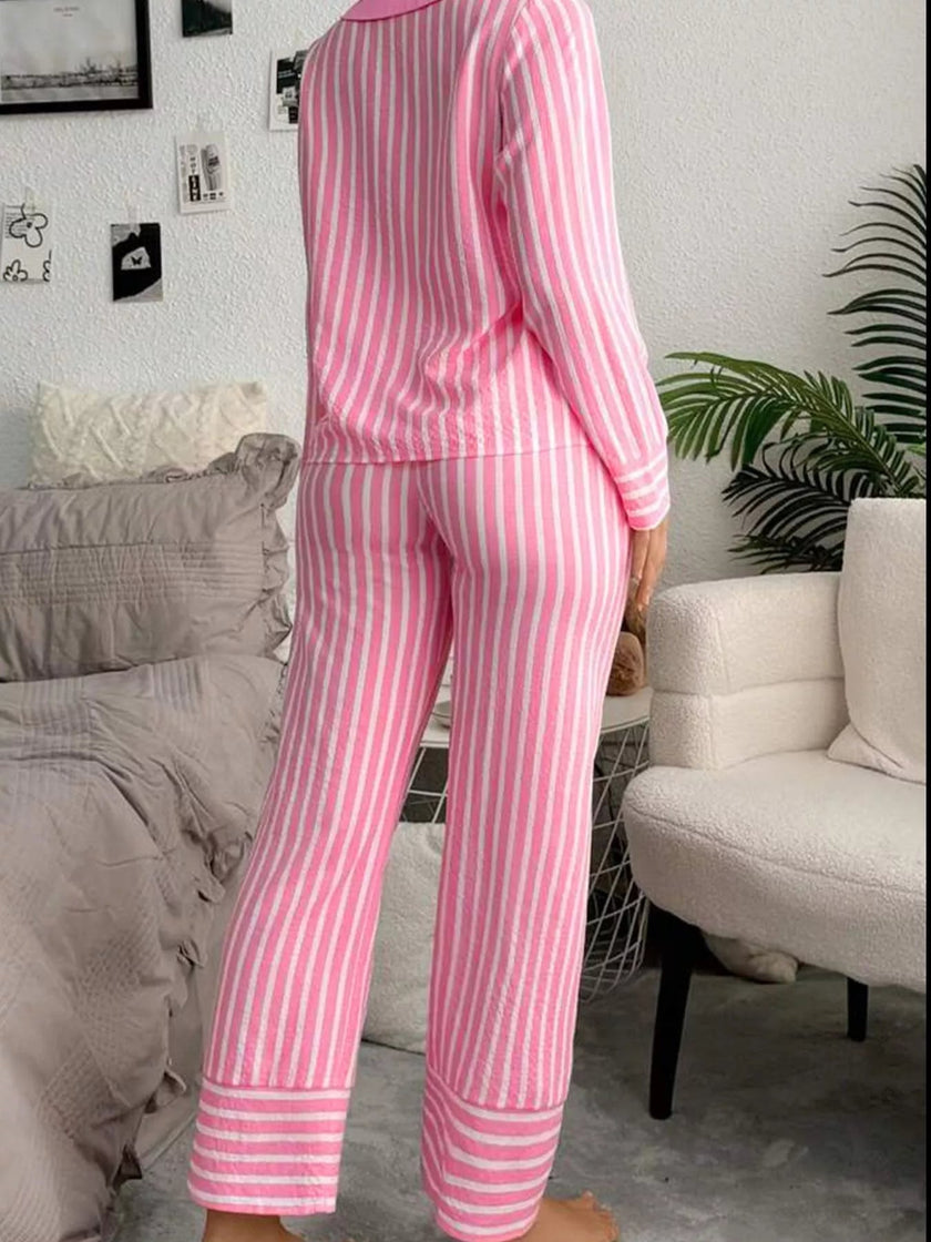 Stripe Buttoned Front Long Sleeve Top and Pants 2 Piece Sleepwear - FLORENTINE IRIS