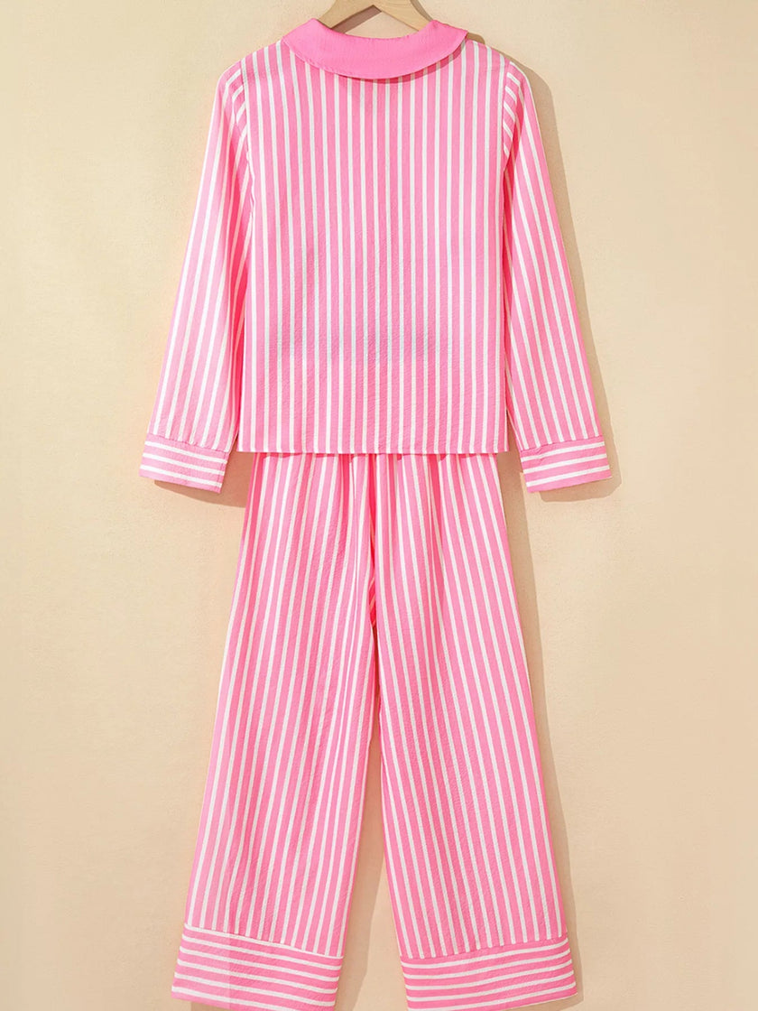 Stripe Buttoned Front Long Sleeve Top and Pants 2 Piece Sleepwear - FLORENTINE IRIS