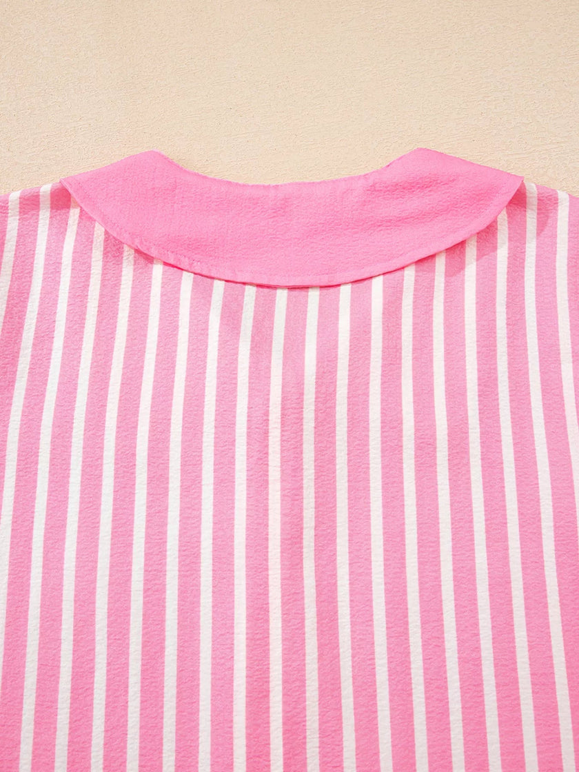 Stripe Buttoned Front Long Sleeve Top and Pants 2 Piece Sleepwear - FLORENTINE IRIS