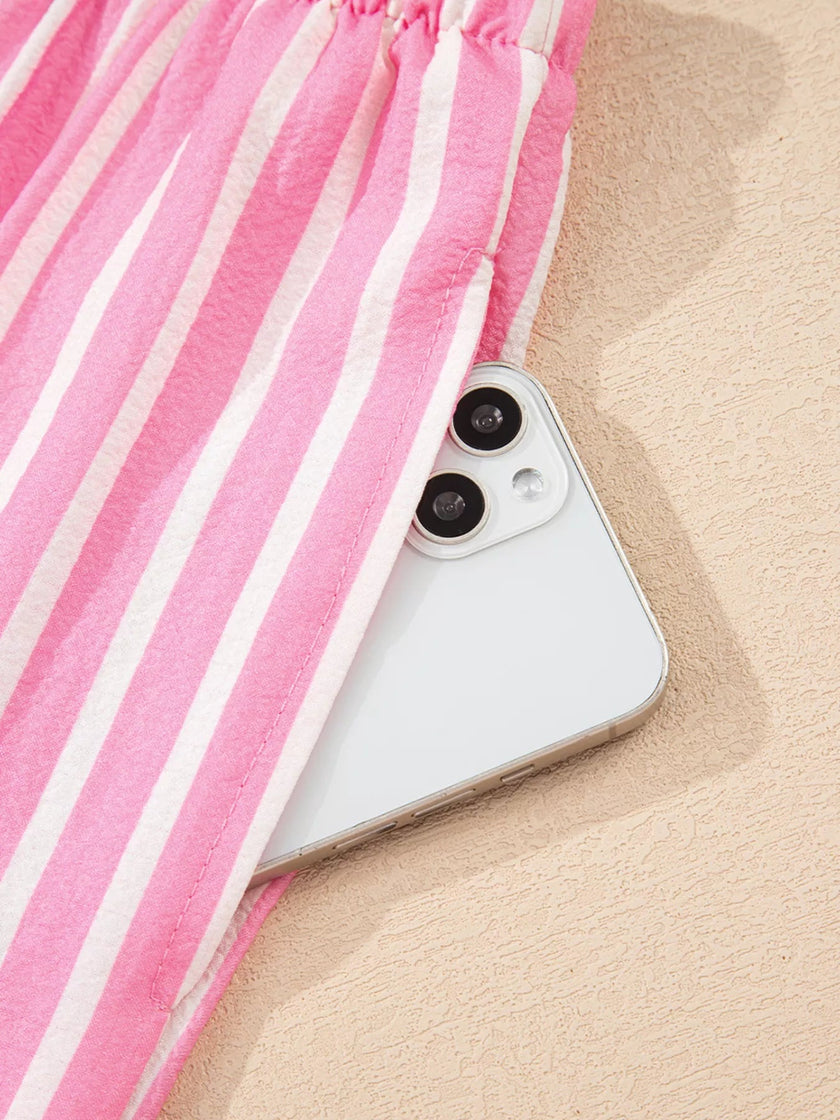 Stripe Buttoned Front Long Sleeve Top and Pants 2 Piece Sleepwear - FLORENTINE IRIS