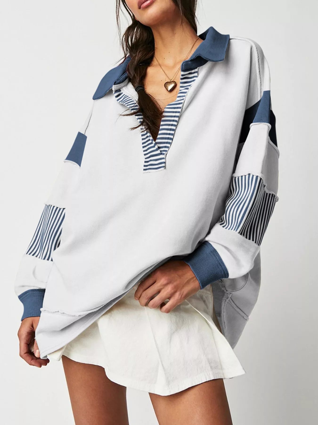 Striped Color Block Long Sleeve Sweatshirt - FLORENTINE IRIS