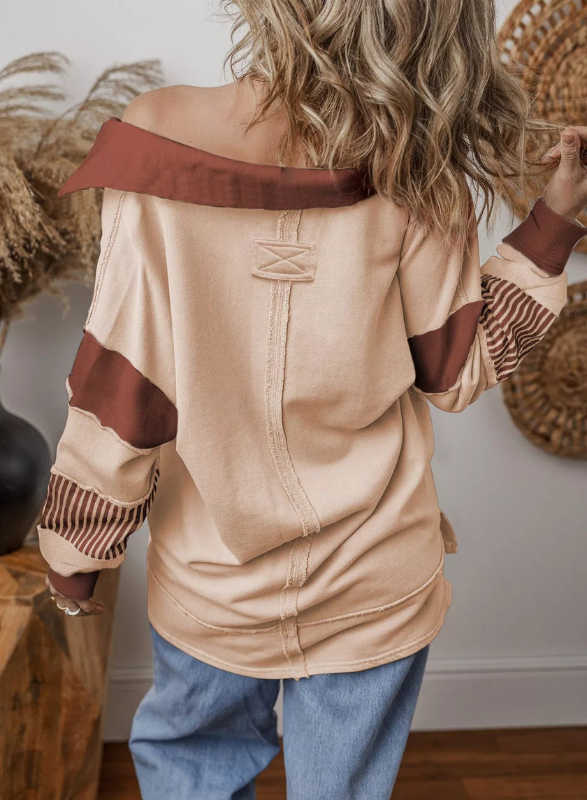 Striped Color Block Long Sleeve Sweatshirt - FLORENTINE IRIS