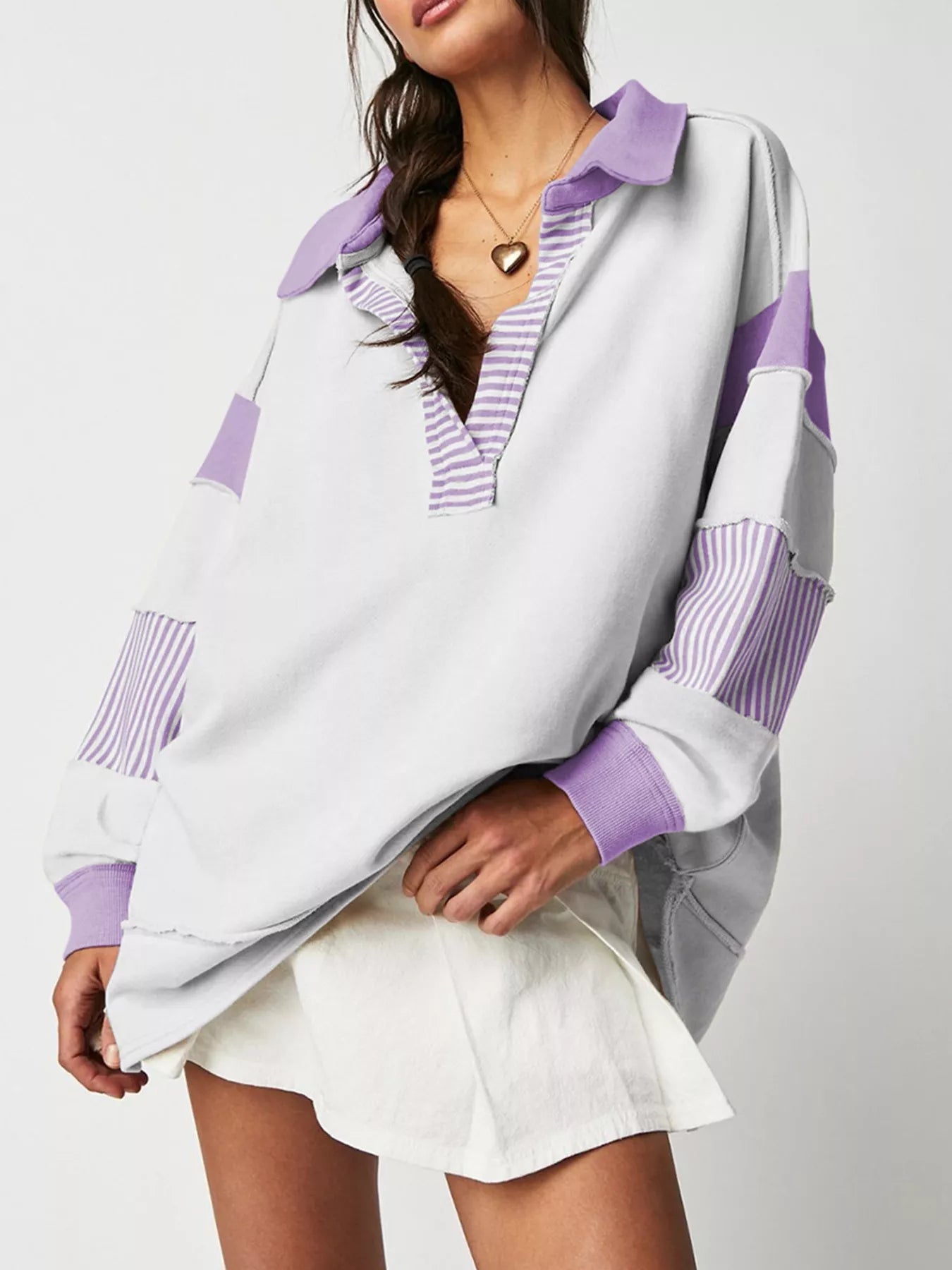 Striped Color Block Long Sleeve Sweatshirt - FLORENTINE IRIS