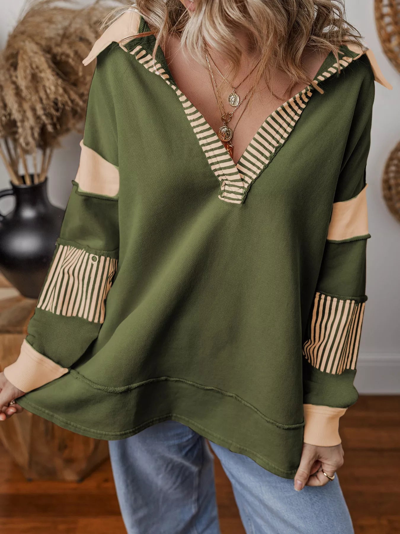 Striped Color Block Long Sleeve Sweatshirt - FLORENTINE IRIS