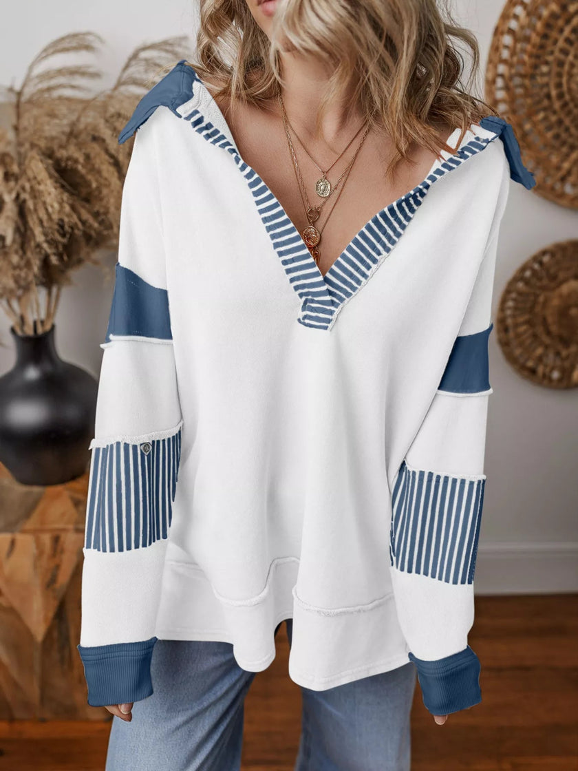 Striped Color Block Long Sleeve Sweatshirt - FLORENTINE IRIS