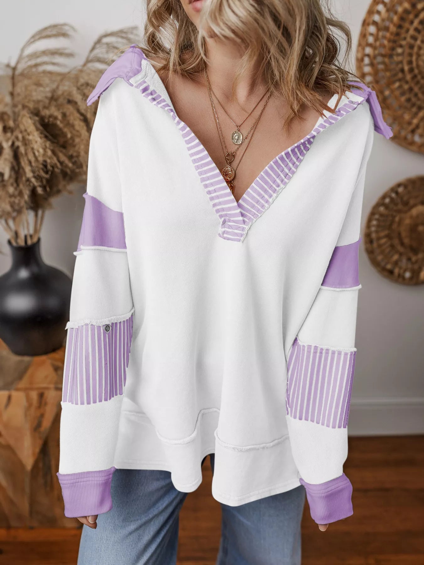 Striped Color Block Long Sleeve Sweatshirt - FLORENTINE IRIS