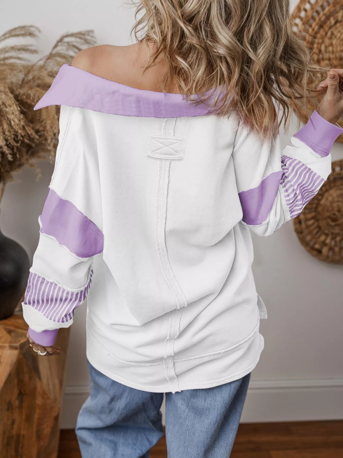 Striped Color Block Long Sleeve Sweatshirt - FLORENTINE IRIS