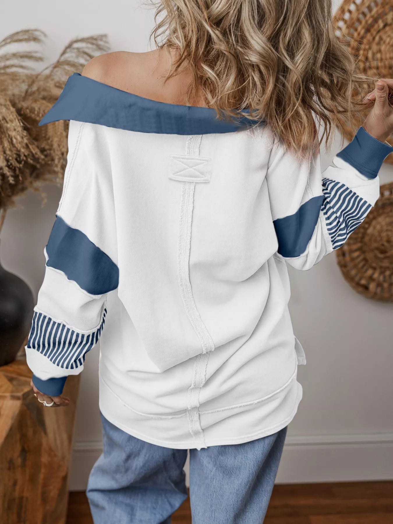 Striped Color Block Long Sleeve Sweatshirt - FLORENTINE IRIS