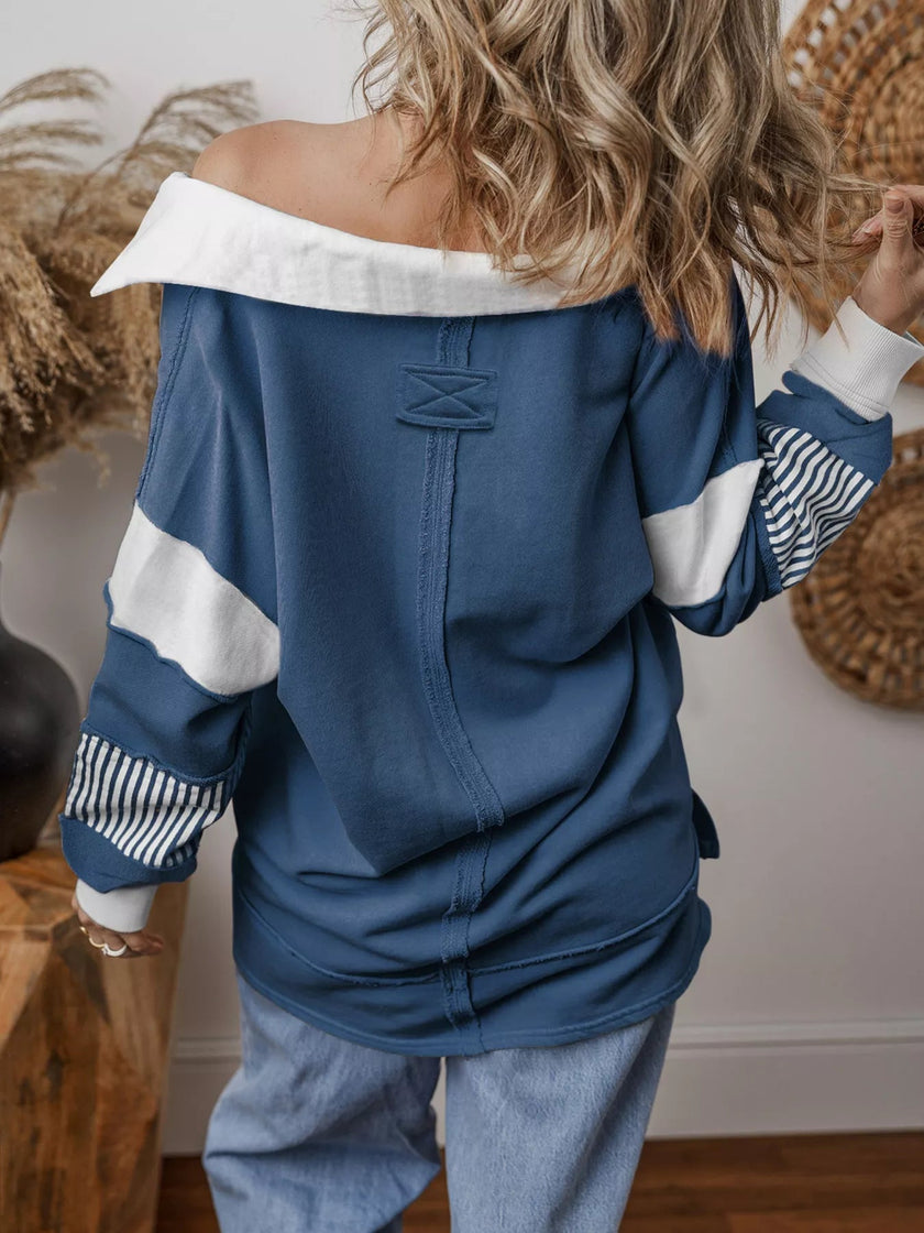 Striped Color Block Long Sleeve Sweatshirt - FLORENTINE IRIS