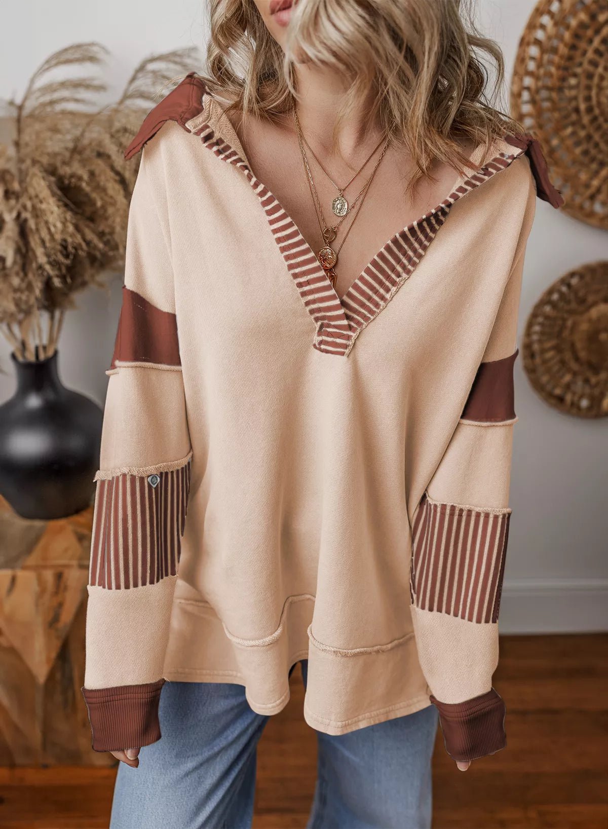 Striped Color Block Long Sleeve Sweatshirt - FLORENTINE IRIS