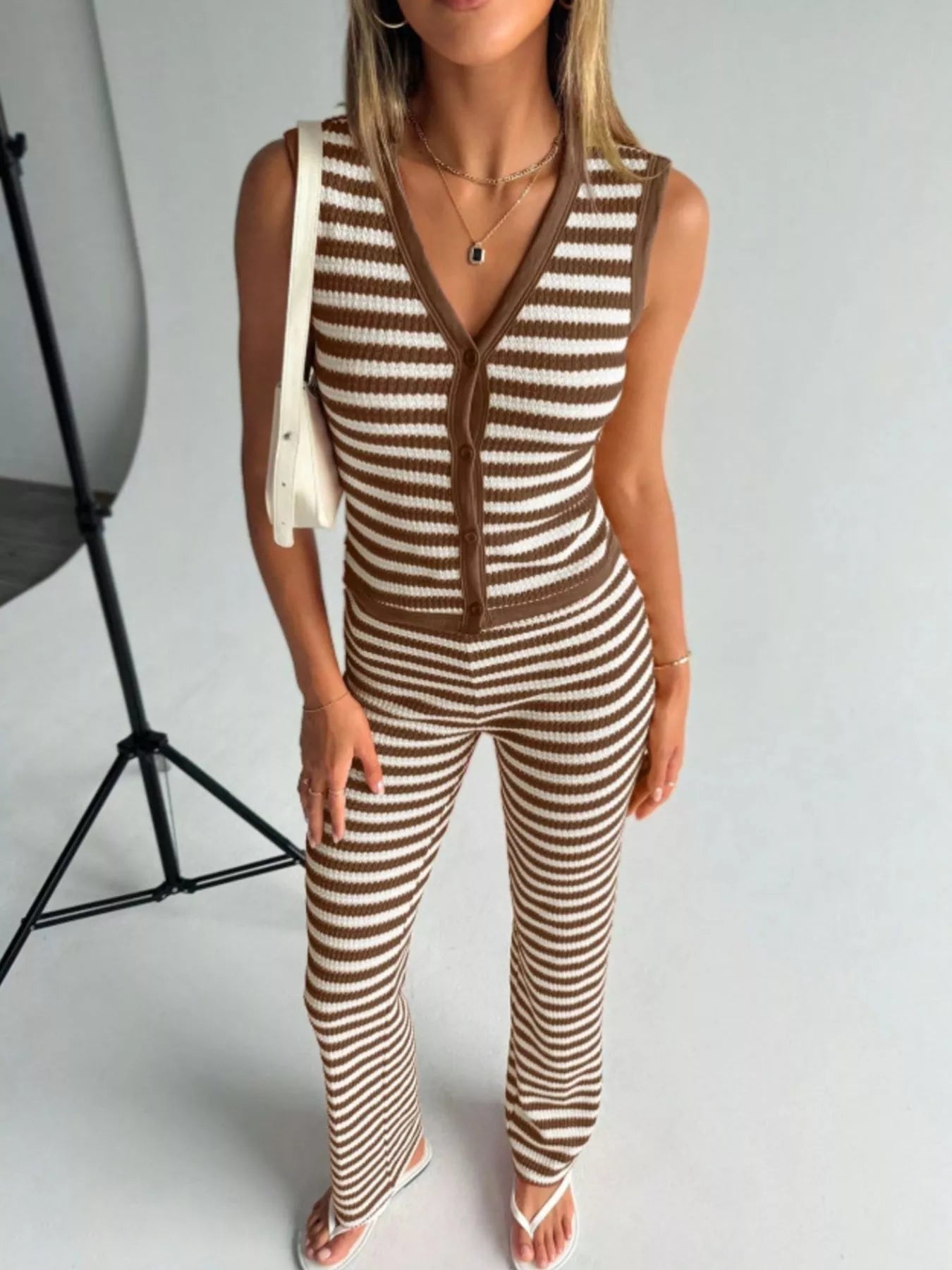 Striped Knit Sleeveless Top and Pants Set - FLORENTINE IRIS