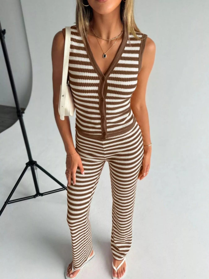 Striped Knit Sleeveless Top and Pants Set - FLORENTINE IRIS