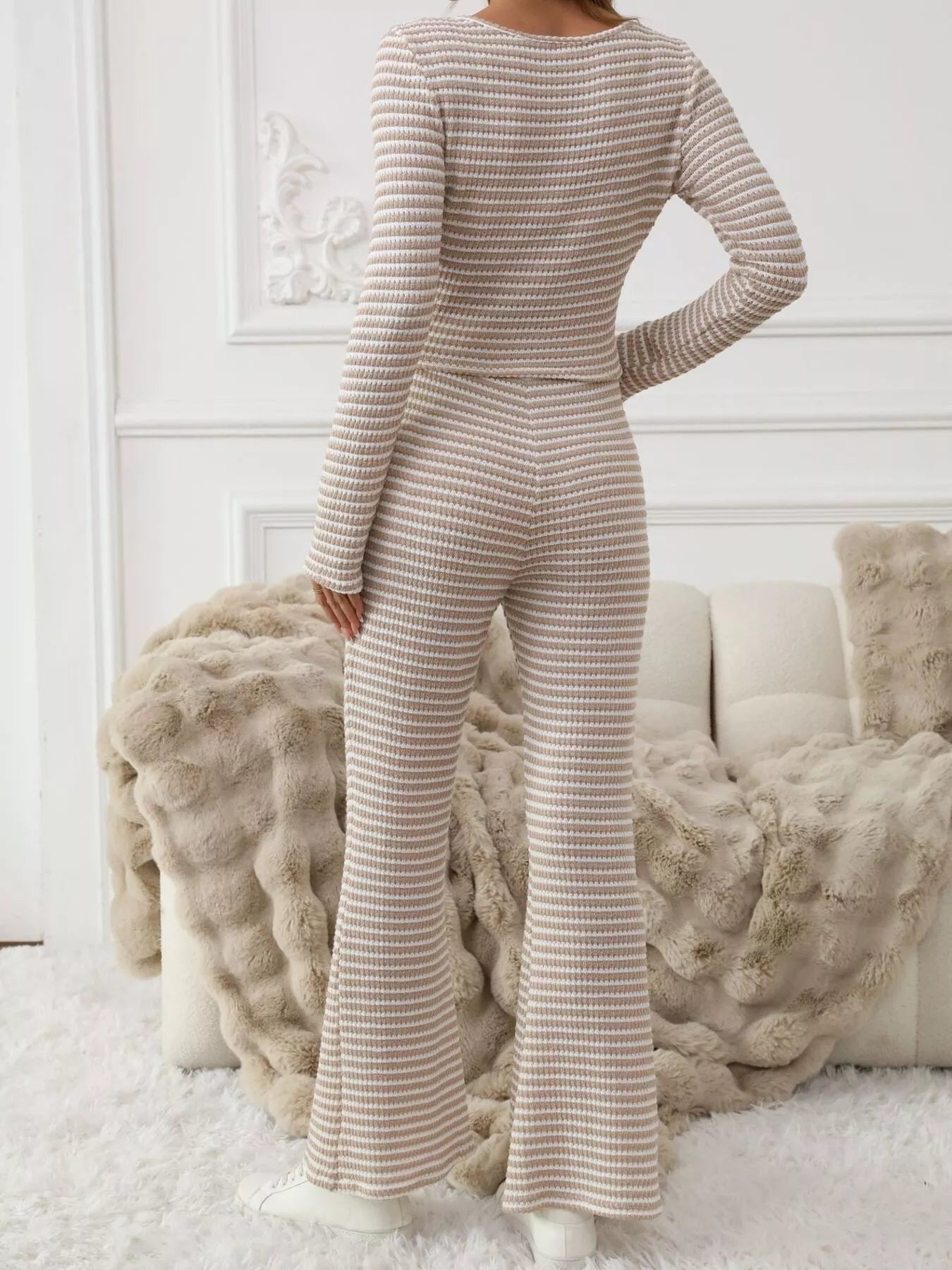 Striped Knit Top & Flare Leg Pants Set - FLORENTINE IRIS