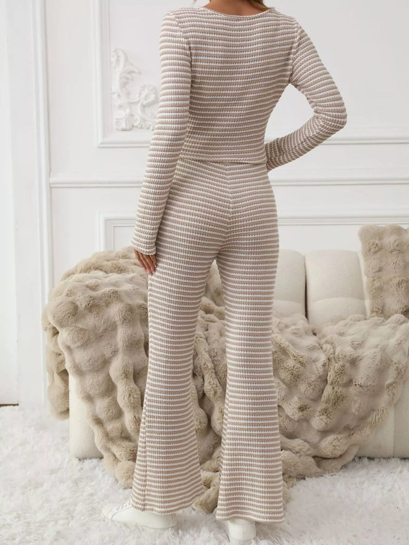 Striped Knit Top & Flare Leg Pants Set - FLORENTINE IRIS