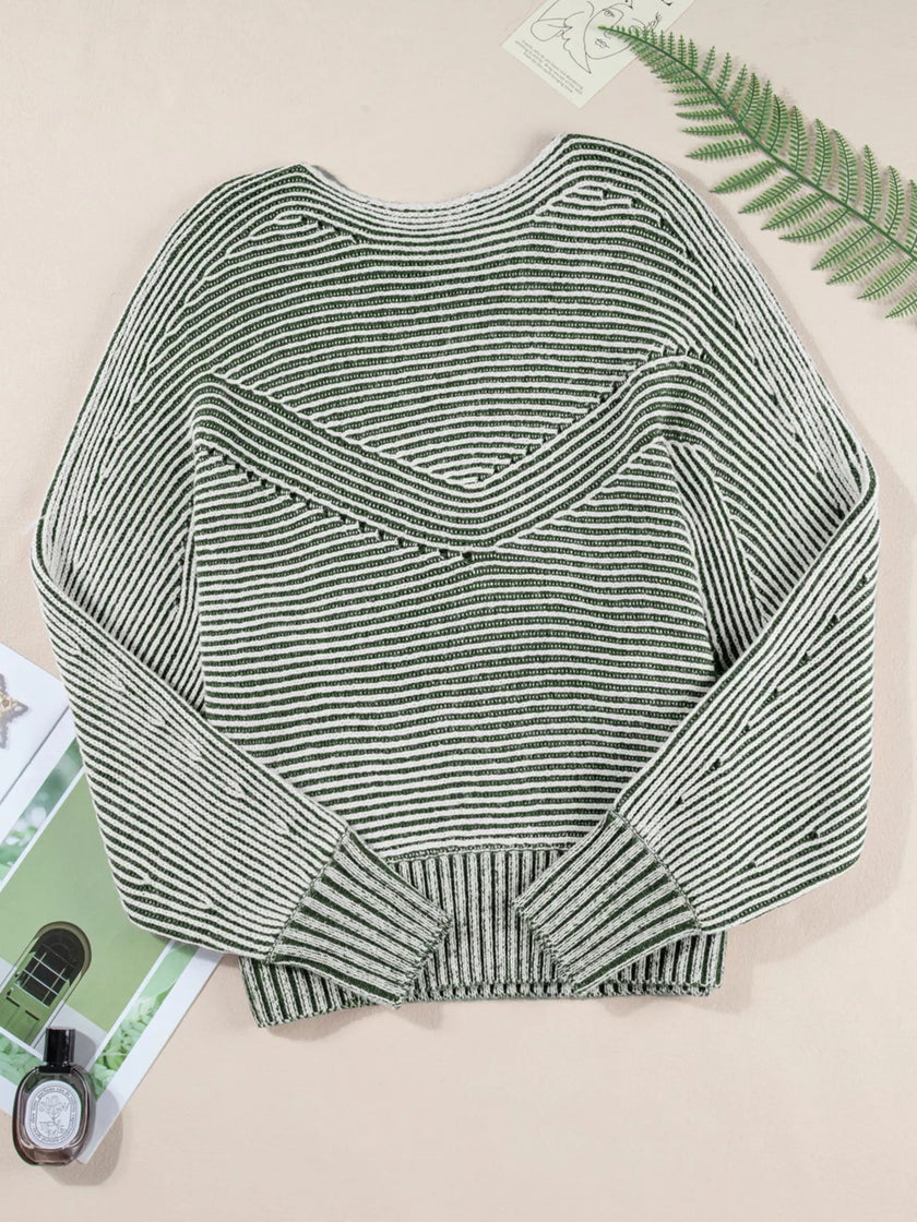 Striped Ribbed Knit Boat Neck Baggy Sweater - FLORENTINE IRIS