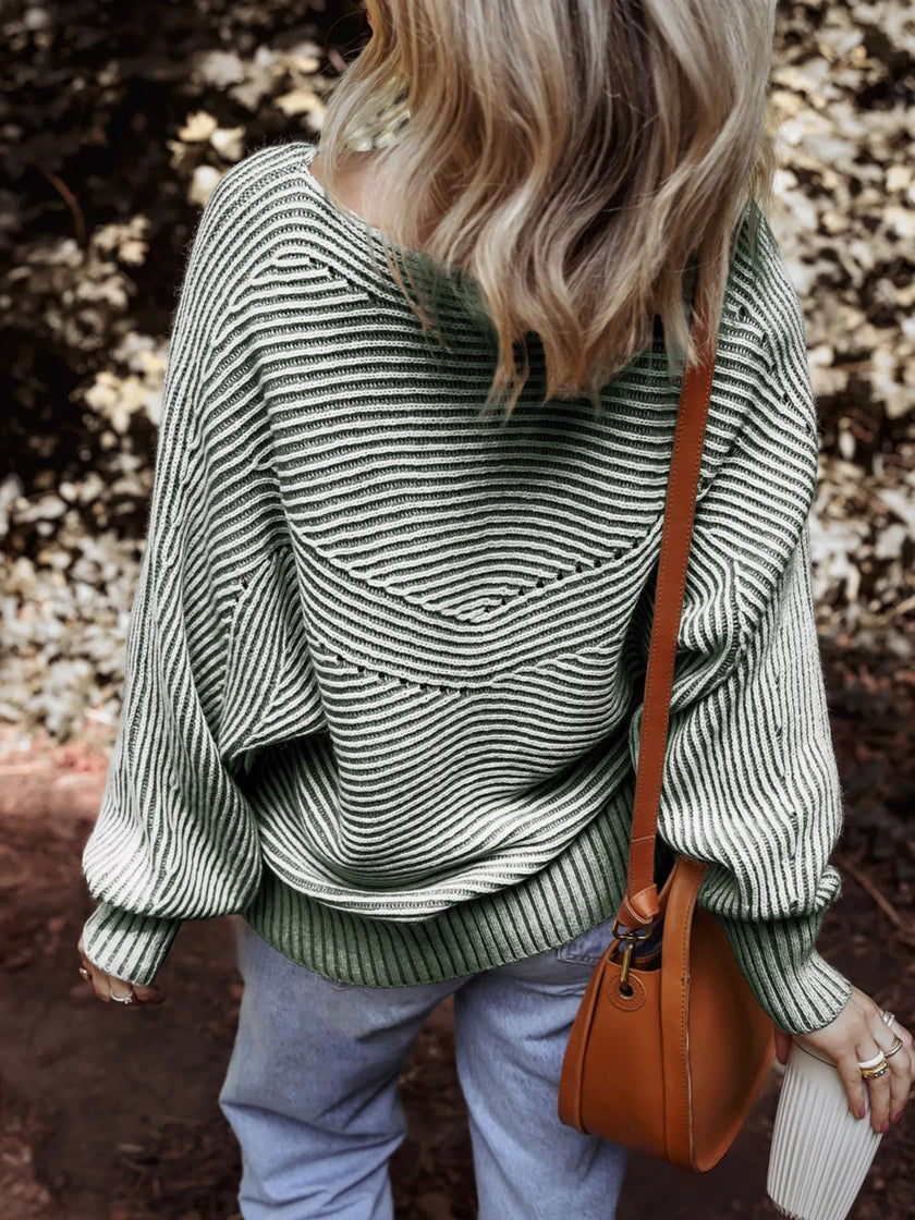 Striped Ribbed Knit Boat Neck Baggy Sweater - FLORENTINE IRIS