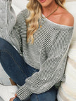 Striped Ribbed Knit Boat Neck Baggy Sweater - FLORENTINE IRIS