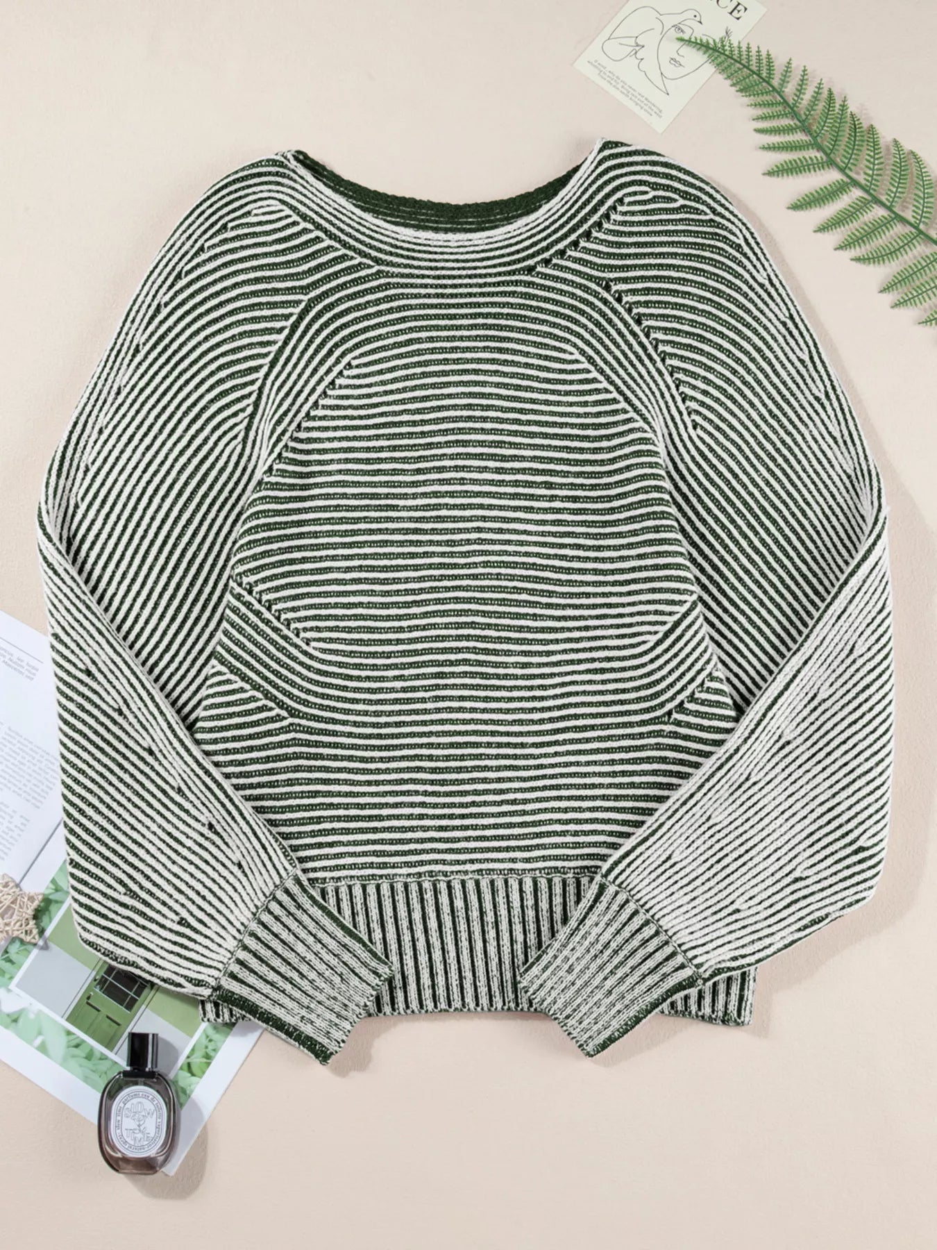 Striped Ribbed Knit Boat Neck Baggy Sweater - FLORENTINE IRIS