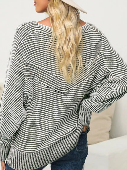 Striped Ribbed Knit Boat Neck Baggy Sweater - FLORENTINE IRIS